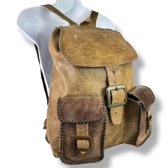Vintage Distressed Handmade Rugged Rustic Soft Brown Tan Leather Backpack Bag - Picture 2 of 12